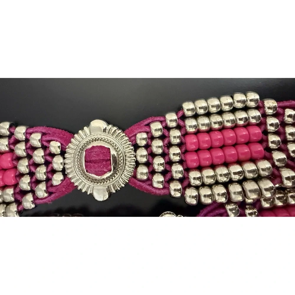 Vintage Charmant Belt Long tussles Pink, Bright Velvet With Metal Beads Western
